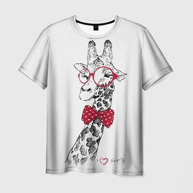 Мужская футболка 3D с принтом Жираф , 100% полиэфир | прямой крой, круглый вырез горловины, длина до линии бедер | Тематика изображения на принте: animal | bow tie | cool | giraffe | gray | red | white | белый | галстук  бабочка | животное | жираф | красный | очки | прикольный | серый