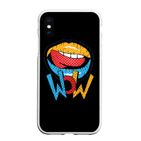 Чехол для iPhone XS Max матовый с принтом Wow , Силикон | Область печати: задняя сторона чехла, без боковых панелей | blue | dots | lips | pop art | red | teeth | tongue | white | yellow | белый | губы | желтый | зубы | красный | поп  арт | точки | язык