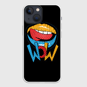 Чехол для iPhone 13 mini с принтом Wow ,  |  | Тематика изображения на принте: blue | dots | lips | pop art | red | teeth | tongue | white | yellow | белый | губы | желтый | зубы | красный | поп  арт | точки | язык