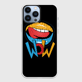 Чехол для iPhone 13 Pro Max с принтом Wow ,  |  | Тематика изображения на принте: blue | dots | lips | pop art | red | teeth | tongue | white | yellow | белый | губы | желтый | зубы | красный | поп  арт | точки | язык