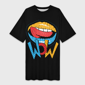 Платье-футболка 3D с принтом Wow ,  |  | blue | dots | lips | pop art | red | teeth | tongue | white | yellow | белый | губы | желтый | зубы | красный | поп  арт | точки | язык