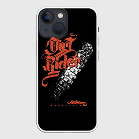 Чехол для iPhone 13 mini с принтом Motocross freestyle ,  |  | Тематика изображения на принте: biker | black | freedom | graffiti | moto | motorcycle | orange | racer | sport | style | tire | trace | white | байкер | белый | гонщик | граффити | мото | мотоцикл | оранжевый | свобода | след | спорт | стиль | черный | шина