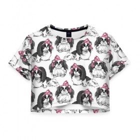 Женская футболка Cropp-top с принтом Японские хины , 100% полиэстер | круглая горловина, длина футболки до линии талии, рукава с отворотами | animal | bow | cute | dog | funny | gentle | gray | heart | muzzle | pink | white | бант | белый | животное | забавный | милый | нежный | розовый | сердце | серый | собака