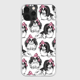 Чехол для iPhone 12 Pro с принтом Японские хины , силикон | область печати: задняя сторона чехла, без боковых панелей | Тематика изображения на принте: animal | bow | cute | dog | funny | gentle | gray | heart | muzzle | pink | white | бант | белый | животное | забавный | милый | нежный | розовый | сердце | серый | собака