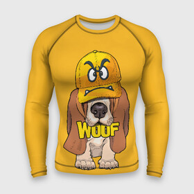 Мужской рашгард 3D с принтом Woof ,  |  | animal | cap | dog | funny | slogan | text | yellow | бассет хаунд | желтый | животное | забавный | кепка | прикольный | слоган | смешной | собака | текст
