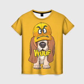 Женская футболка 3D с принтом Woof , 100% полиэфир ( синтетическое хлопкоподобное полотно) | прямой крой, круглый вырез горловины, длина до линии бедер | animal | cap | dog | funny | slogan | text | yellow | бассет хаунд | желтый | животное | забавный | кепка | прикольный | слоган | смешной | собака | текст