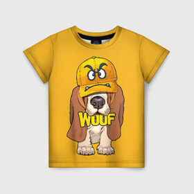 Детская футболка 3D с принтом Woof , 100% гипоаллергенный полиэфир | прямой крой, круглый вырез горловины, длина до линии бедер, чуть спущенное плечо, ткань немного тянется | Тематика изображения на принте: animal | cap | dog | funny | slogan | text | yellow | бассет хаунд | желтый | животное | забавный | кепка | прикольный | слоган | смешной | собака | текст