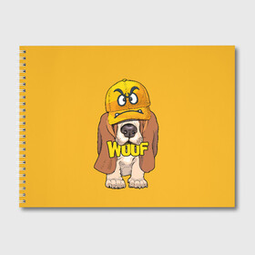 Альбом для рисования с принтом Woof , 100% бумага
 | матовая бумага, плотность 200 мг. | Тематика изображения на принте: animal | cap | dog | funny | slogan | text | yellow | бассет хаунд | желтый | животное | забавный | кепка | прикольный | слоган | смешной | собака | текст