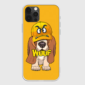 Чехол для iPhone 12 Pro Max с принтом Woof , Силикон |  | animal | cap | dog | funny | slogan | text | yellow | бассет хаунд | желтый | животное | забавный | кепка | прикольный | слоган | смешной | собака | текст