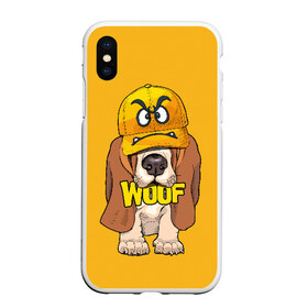 Чехол для iPhone XS Max матовый с принтом Woof , Силикон | Область печати: задняя сторона чехла, без боковых панелей | animal | cap | dog | funny | slogan | text | yellow | бассет хаунд | желтый | животное | забавный | кепка | прикольный | слоган | смешной | собака | текст