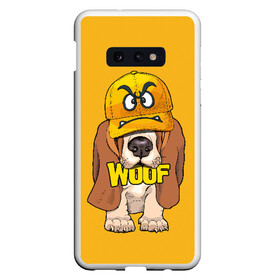 Чехол для Samsung S10E с принтом Woof , Силикон | Область печати: задняя сторона чехла, без боковых панелей | animal | cap | dog | funny | slogan | text | yellow | бассет хаунд | желтый | животное | забавный | кепка | прикольный | слоган | смешной | собака | текст