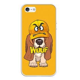 Чехол для iPhone 5/5S матовый с принтом Woof , Силикон | Область печати: задняя сторона чехла, без боковых панелей | animal | cap | dog | funny | slogan | text | yellow | бассет хаунд | желтый | животное | забавный | кепка | прикольный | слоган | смешной | собака | текст
