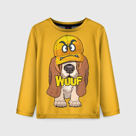 Детский лонгслив 3D с принтом Woof , 100% полиэстер | длинные рукава, круглый вырез горловины, полуприлегающий силуэт
 | animal | cap | dog | funny | slogan | text | yellow | бассет хаунд | желтый | животное | забавный | кепка | прикольный | слоган | смешной | собака | текст