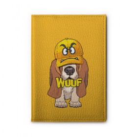 Обложка для автодокументов с принтом Woof , натуральная кожа |  размер 19,9*13 см; внутри 4 больших “конверта” для документов и один маленький отдел — туда идеально встанут права | animal | cap | dog | funny | slogan | text | yellow | бассет хаунд | желтый | животное | забавный | кепка | прикольный | слоган | смешной | собака | текст