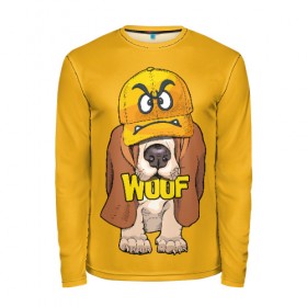 Мужской лонгслив 3D с принтом Woof , 100% полиэстер | длинные рукава, круглый вырез горловины, полуприлегающий силуэт | animal | cap | dog | funny | slogan | text | yellow | бассет хаунд | желтый | животное | забавный | кепка | прикольный | слоган | смешной | собака | текст