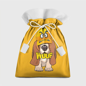 Подарочный 3D мешок с принтом Woof , 100% полиэстер | Размер: 29*39 см | animal | cap | dog | funny | slogan | text | yellow | бассет хаунд | желтый | животное | забавный | кепка | прикольный | слоган | смешной | собака | текст