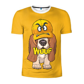 Мужская футболка 3D спортивная с принтом Woof , 100% полиэстер с улучшенными характеристиками | приталенный силуэт, круглая горловина, широкие плечи, сужается к линии бедра | Тематика изображения на принте: animal | cap | dog | funny | slogan | text | yellow | бассет хаунд | желтый | животное | забавный | кепка | прикольный | слоган | смешной | собака | текст