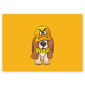Поздравительная открытка с принтом Woof , 100% бумага | плотность бумаги 280 г/м2, матовая, на обратной стороне линовка и место для марки
 | Тематика изображения на принте: animal | cap | dog | funny | slogan | text | yellow | бассет хаунд | желтый | животное | забавный | кепка | прикольный | слоган | смешной | собака | текст