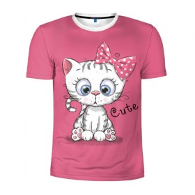 Мужская футболка 3D спортивная с принтом Cute , 100% полиэстер с улучшенными характеристиками | приталенный силуэт, круглая горловина, широкие плечи, сужается к линии бедра | animal | bow | child | cute | drawing | funny | kitten | look | бант | взгляд | детский | животное | котенок | милый | прикольный | рисунок