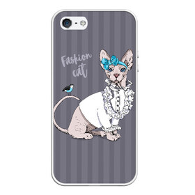 Чехол для iPhone 5/5S матовый с принтом Fashion cat , Силикон | Область печати: задняя сторона чехла, без боковых панелей | bird | bow | breed | cat | glamor | look | muzzle | sphinx | style | tail | бант | взгляд | гламур | кошка | порода | птица | стиль | сфинкс | хвост