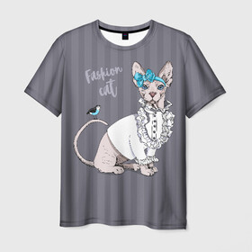 Мужская футболка 3D с принтом Fashion cat , 100% полиэфир | прямой крой, круглый вырез горловины, длина до линии бедер | bird | bow | breed | cat | glamor | look | muzzle | sphinx | style | tail | бант | взгляд | гламур | кошка | порода | птица | стиль | сфинкс | хвост