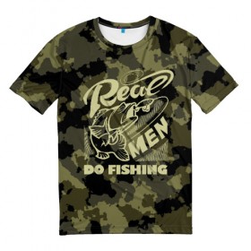 Мужская футболка 3D с принтом Real men do fishing , 100% полиэфир | прямой крой, круглый вырез горловины, длина до линии бедер | bait | black | fish | fisherman | fishing | hook | man | white | белый | занимается | камуфляж | крючок | мужчина | наживка | настоящий | реальный | рыба | рыбак | рыбалка | черный