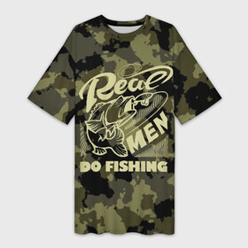 Платье-футболка 3D с принтом Real men do fishing ,  |  | bait | black | fish | fisherman | fishing | hook | man | white | белый | занимается | камуфляж | крючок | мужчина | наживка | настоящий | реальный | рыба | рыбак | рыбалка | черный
