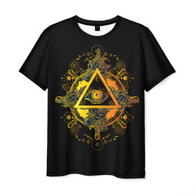 Мужская футболка 3D с принтом Всевидящее око , 100% полиэфир | прямой крой, круглый вырез горловины, длина до линии бедер | black | esoteric | eye | mystic | occult | orange | symbol | triangle | yellow | глаз | желтый | мистика | оккультизм | око | оранжевый | символ | треугольник | черный | эзотерика
