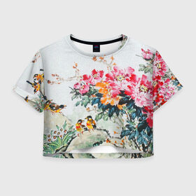 Женская футболка Cropp-top с принтом Японские цветы , 100% полиэстер | круглая горловина, длина футболки до линии талии, рукава с отворотами | Тематика изображения на принте: japan | japanese | искусство | картина | цветы | япония | японская гравюра | японская картина