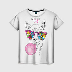 Женская футболка 3D с принтом Because cool , 100% полиэфир ( синтетическое хлопкоподобное полотно) | прямой крой, круглый вырез горловины, длина до линии бедер | alpaca | animal | chewing | cool | funny | gum | head | llama | muzzle | puffed up | rainbow | альпака | голова | жевательная | животное | забавный | лама | надутая | очки | прикольный | радужные | резинка | смешная