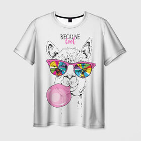 Мужская футболка 3D с принтом Because cool , 100% полиэфир | прямой крой, круглый вырез горловины, длина до линии бедер | Тематика изображения на принте: alpaca | animal | chewing | cool | funny | gum | head | llama | muzzle | puffed up | rainbow | альпака | голова | жевательная | животное | забавный | лама | надутая | очки | прикольный | радужные | резинка | смешная