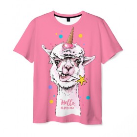 Мужская футболка 3D с принтом Hello llamacorn , 100% полиэфир | прямой крой, круглый вырез горловины, длина до линии бедер | alpaca | animal | carnival | cool | cup | head | horn | ice cream | llama | look | pink | slogan | star | unicorn | waffle | альпака | вафельный | взгляд | голова | единорог | животное | звезда | карнавал | лама | мороженое | привет | прикольный | р