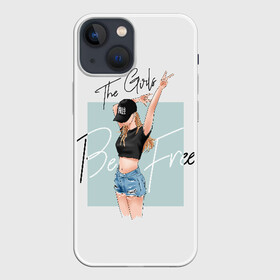 Чехол для iPhone 13 mini с принтом The girls be free ,  |  | baseball cap | blonde | denim | figure | freedom | gesture | girl | goat | hands | shorts | slim | slogan | topic | v | victoria | victory | бейсболка | блондинка | виктория | девочка | девушка | девушки будут свободны | джинсов | жест | коза | побе