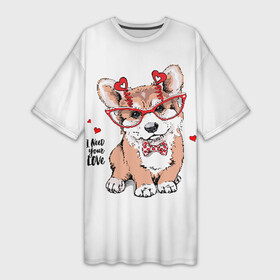 Платье-футболка 3D с принтом I need your love ,  |  | animal | bow | bow tie | breed | cute | dog | funny | hearts | i need your love | polka dot | puppy | red | the inscription | white | бант | белый | вельш корги пемброк | галстук бабочка | горошек | животное | забавный | красный | любовь | милый | м