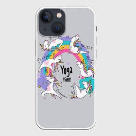 Чехол для iPhone 13 mini с принтом Yoga time ,  |  | Тематика изображения на принте: animal | asana | boat | bow | children | drawing | funny | hearts | horses | inscriptio | om | rainbow | stars | triangle | unicorns | warrior | yoga | zen | асана | воин | детский | дзен | животное | забавный | звезды | йога | лодка | лошади | лук | мост