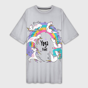 Платье-футболка 3D с принтом Yoga time ,  |  | animal | asana | boat | bow | children | drawing | funny | hearts | horses | inscriptio | om | rainbow | stars | triangle | unicorns | warrior | yoga | zen | асана | воин | детский | дзен | животное | забавный | звезды | йога | лодка | лошади | лук | мост