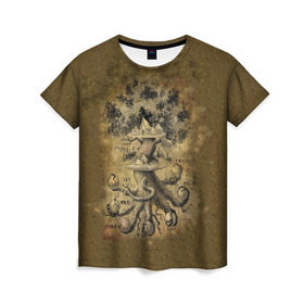 Женская футболка 3D с принтом Дерево жизни , 100% полиэфир ( синтетическое хлопкоподобное полотно) | прямой крой, круглый вырез горловины, длина до линии бедер | 3d | 9 миров | абстракция | арт | дерево жизни | индраксиль | песочный