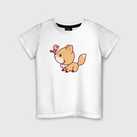 Детская футболка хлопок с принтом Лисенок с птичкой на носу , 100% хлопок | круглый вырез горловины, полуприлегающий силуэт, длина до линии бедер | Тематика изображения на принте: fox | лис | лиса | лисенок | лисица | милая | пушистик | рыжая