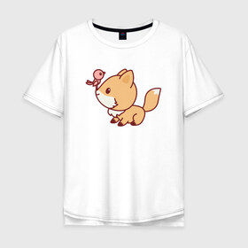 Мужская футболка хлопок Oversize с принтом Лисенок с птичкой на носу , 100% хлопок | свободный крой, круглый ворот, “спинка” длиннее передней части | fox | лис | лиса | лисенок | лисица | милая | пушистик | рыжая