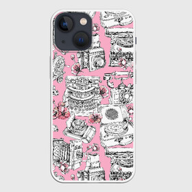 Чехол для iPhone 13 mini с принтом Винтаж ,  |  | Тематика изображения на принте: cameras | flowers | gramophones | pink background | printed | sewing | telephones | typewriters | vintage | винтаж | граммофоны | камеры | машинки | печатные | розовый фон | телефоны | фотоаппараты | цветы | швейные