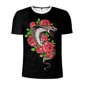 Мужская футболка 3D спортивная с принтом Кобра , 100% полиэстер с улучшенными характеристиками | приталенный силуэт, круглая горловина, широкие плечи, сужается к линии бедра | amphibian | animal | cobra | fangs | poison | red | roses | scales | snake | животное | земноводное | змея | клыки | кобра | красные | розы | чешуя | яд