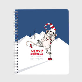 Тетрадь с принтом Merry Christmas , 100% бумага | 48 листов, плотность листов — 60 г/м2, плотность картонной обложки — 250 г/м2. Листы скреплены сбоку удобной пружинной спиралью. Уголки страниц и обложки скругленные. Цвет линий — светло-серый
 | animal | cap | christmas | christmas trees | claus | green | hat | holiday | mountains | new year | rat | red | santa | skis | snow | sticks | winter | горы | елки | животное | зеленый | зима | клаус | колпак | красный | крыса | лыжи | новый год | п