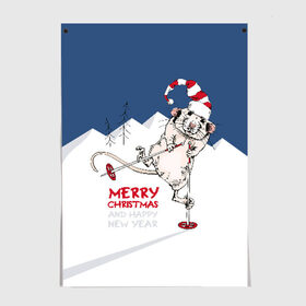 Постер с принтом Merry Christmas , 100% бумага
 | бумага, плотность 150 мг. Матовая, но за счет высокого коэффициента гладкости имеет небольшой блеск и дает на свету блики, но в отличии от глянцевой бумаги не покрыта лаком | animal | cap | christmas | christmas trees | claus | green | hat | holiday | mountains | new year | rat | red | santa | skis | snow | sticks | winter | горы | елки | животное | зеленый | зима | клаус | колпак | красный | крыса | лыжи | новый год | п