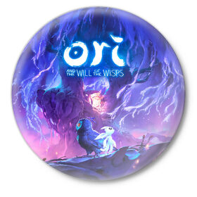 Значок с принтом Ori - And The Will Of The Wisp ,  металл | круглая форма, металлическая застежка в виде булавки | Тематика изображения на принте: microsoft studios | moon studios | ori | ori and the blind forest | unity | лес | луна | нибела | ночной лес | ночь | ори | платформер | сова