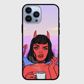 Чехол для iPhone 13 Pro Max с принтом What ,  |  | Тематика изображения на принте: coffee | demon | devil | girl | hell | девушка | демон | дьявол | кофе