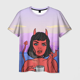 Мужская футболка 3D с принтом What , 100% полиэфир | прямой крой, круглый вырез горловины, длина до линии бедер | coffee | demon | devil | girl | hell | девушка | демон | дьявол | кофе