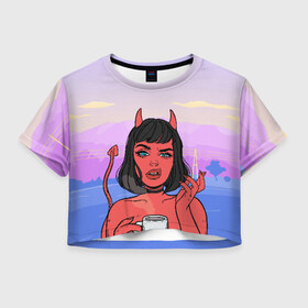 Женская футболка Cropp-top с принтом What , 100% полиэстер | круглая горловина, длина футболки до линии талии, рукава с отворотами | coffee | demon | devil | girl | hell | девушка | демон | дьявол | кофе