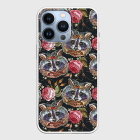 Чехол для iPhone 13 Pro с принтом Еноты ,  |  | Тематика изображения на принте: animals | art | drawing | embroidery | flower | raccoons | rose | touches | wild | вышивка | дикие | еноты | животные | звери | искусство | рисунок | роза | цветок | штрихи