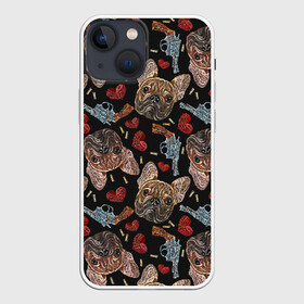 Чехол для iPhone 13 mini с принтом Бульдоги ,  |  | animal | breed | bulldogs | cartridges | dash | dogs | drawing | embroidery | french | graphic | hearts | muzzle | weapons | бульдоги | вышивка | графический | животное | оружие | патроны | пистолеты | порода | рисунок | сердца | собаки | французс