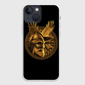 Чехол для iPhone 13 mini с принтом Один ,  |  | Тематика изображения на принте: beard | celtic | emblem | face | golden | helmet | myth | one | ornament | raven | runes | sword | viking | warrior | борода | викинг | воин | ворон | золотой | кельтский | лицо | меч | миф | один | орнамент | руны | шлем | эмблема